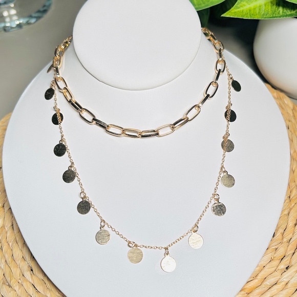 Dainty Gold Plated Layering Necklace, Two-Layer Gold Disc Circle Charm Necklace - Picture 1 of 11